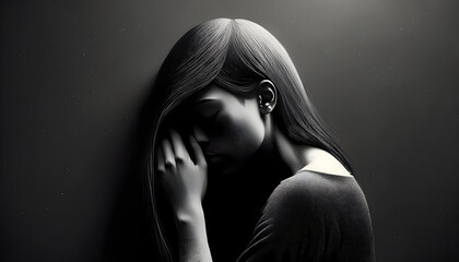 Monochrome portrait of a woman in deep thought with her hand on her face