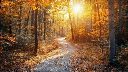 Obraz premium A winding path through a dense forest, adorned with vibrant yellow and orange leaves. Sunlight filters through the branches, casting a golden glow on the fallen leaves