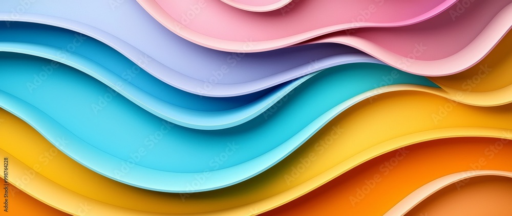 Poster the background of this banner is an abstract 3d wave stripe pattern with a colorful wave design.