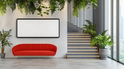 Low angle shot of a big tv screen in a modern office break area, showing hints of red.
