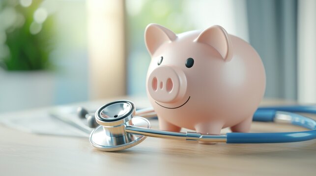 Illustration of a health check piggy bank as a representation of financial planning for future medical expenses