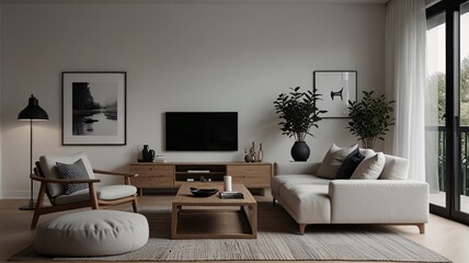 Living Room Minimalist with Scandinavian Design Light colors and simple furniture.