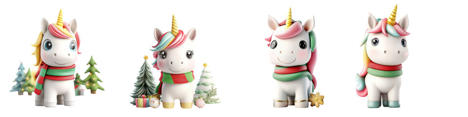 Adorable unicorn figurines with festive decorations perfect for holiday cheer and children's celebrations.