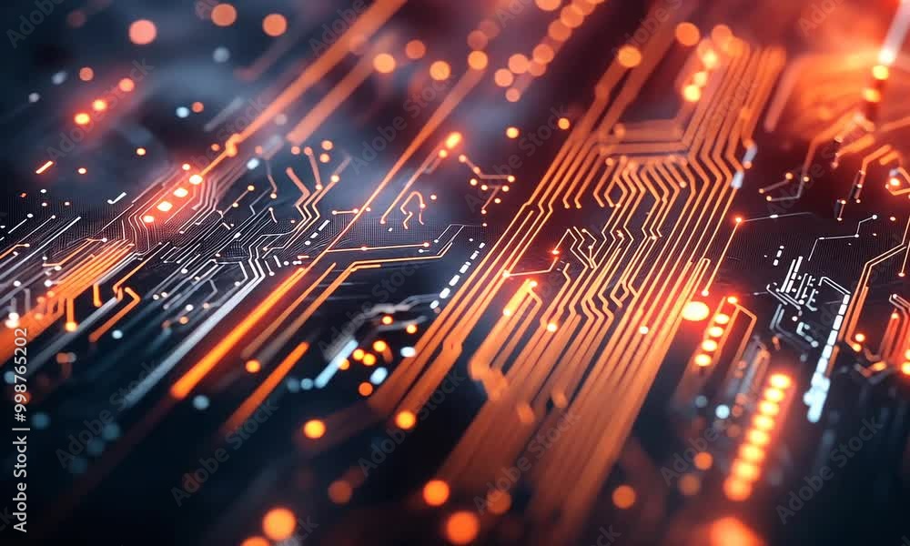 Poster exploring intricate circuit board designs with vibrant lights and dynamic patterns at a technology e