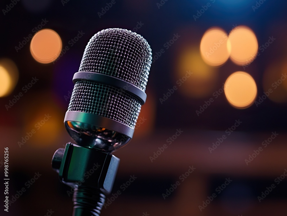 Poster A close-up view of a microphone on stage, illuminated by soft bokeh lights in the background, perfect for capturing the essence of performance.