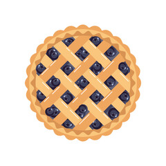 Baked blueberry pie with blueberries, top view. Food, dessert, sweet. Flat illustration