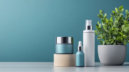 Fototapeta premium Aesthetic Display of Skincare Products and Greenery