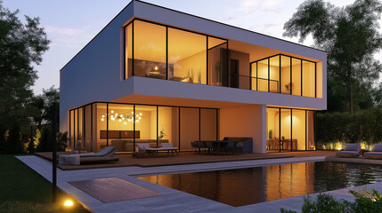 Obraz premium Modern luxury house with large glass windows at sunset, poolside exterior view