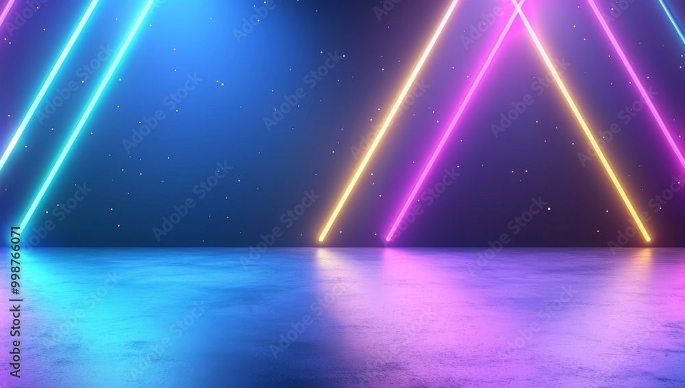 Poster an abstract dark background is accompanied by neon rays on an empty stage.