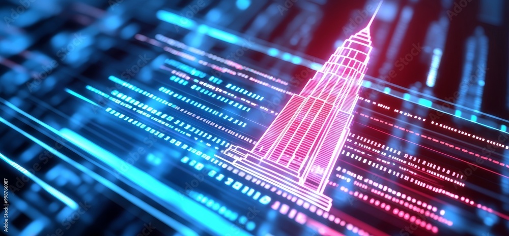 Poster big data enables a smart city to be surrounded by an abstract gradient blue and red glowing light tr