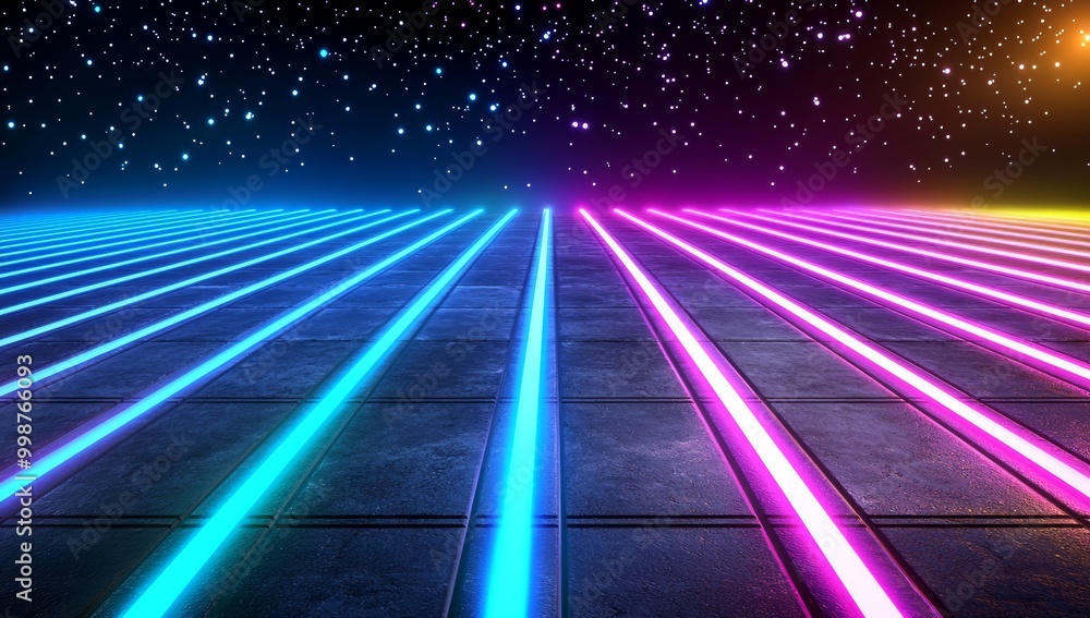 Poster an empty neon stage with rays of light against a dark abstract background.