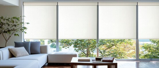 Featuring large roller blinds, automatic solar and blackout shades, wooden decor panels on the walls, and electric sunscreen curtains.