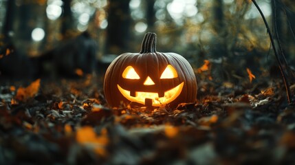 Halloween pumpkin glowing in the woods