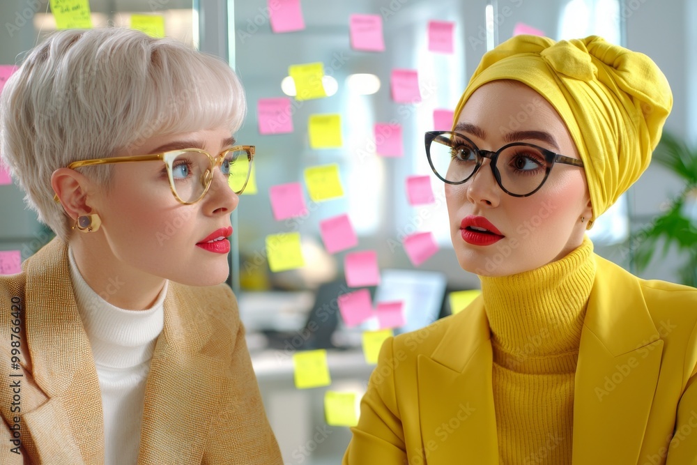 Poster Creating a client schedule and timeline with sticky notes on glass for a creative business. The designer, team and client discuss client tasks with brainstorming, strategy, and discussion at the