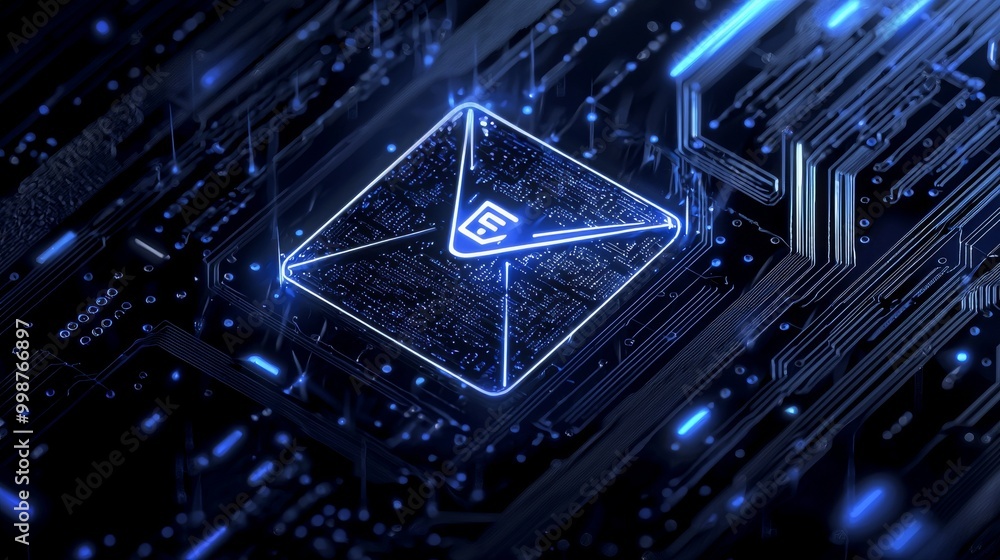 Poster data flows between the cpu and the user across a futuristic motherboard in a 3d rendering of the ema