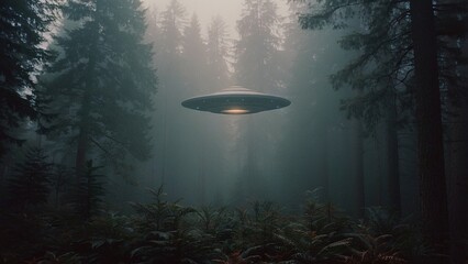 Vintage film photo of UFO flying over a misty forest. Analog photography