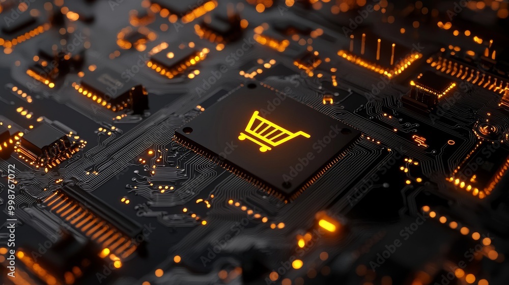 Poster concept of an e-commerce technology with a shopping symbol on a microchip. orange neon data flows fr