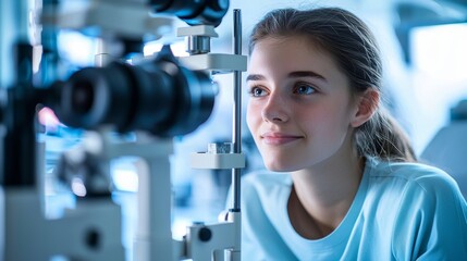 Young woman smiling in eye doctor's office light blue shirt focused on ophthalmoscope. Bright sterile setting conveying professionalism and comfort in healthcare environment.