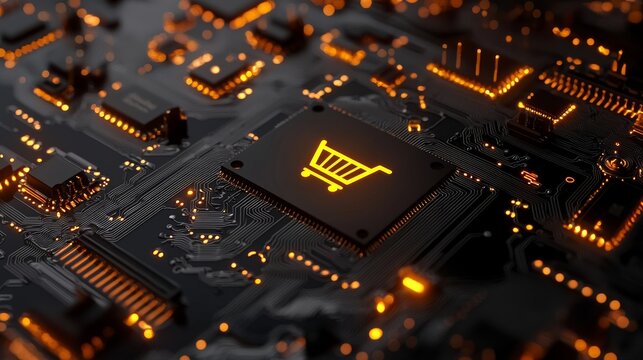 Concept of an e-commerce technology with a shopping symbol on a microchip. Orange neon data flows from the CPU to the User across a futuristic motherboard.