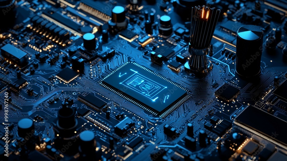 Poster a futuristic motherboard with an entertainment technology concept with a movie symbol. white neon da