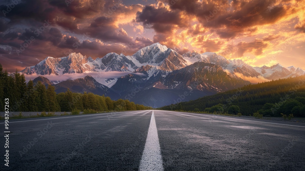 Poster a mountain range is visible in the background of a road