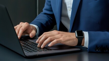 Businessman in blue suit typing on laptop with visible keyboard wearing black smartwatch focused on work at desk professional setting productivity technology concept.