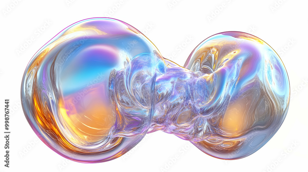 Wall mural abstract 3d render of two intertwined spheres with iridescent colors and a faded texture