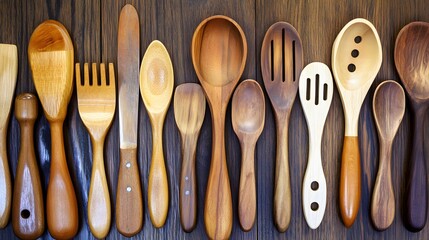 A closeup of a neatly arranged set of wooden utensils in a minimalist kitchen, with soft lighting enhancing the clean and simple design.