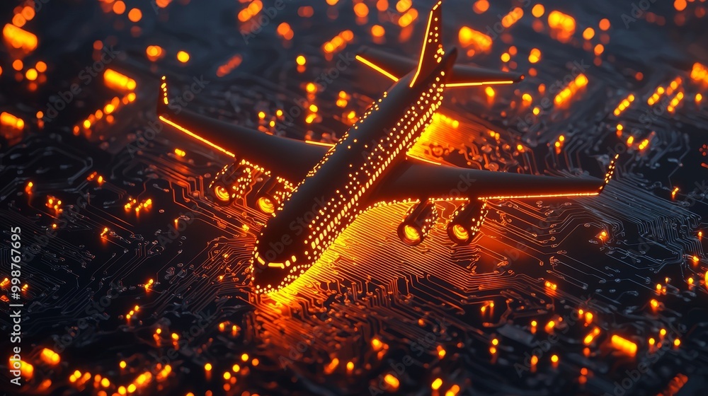Poster this is a concept of flight technology depicting an airplane symbol on a chip. the data flows from t