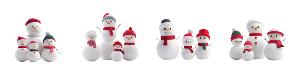 Fototapeta premium Multiple snowmen families wearing colorful winter hats and scarves, perfect for holiday scenes and festive family-themed decorations.