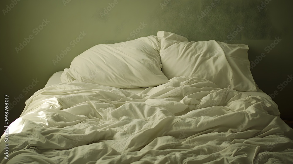 Poster A closeup photo of a neatly made bed with crisp white linens and a single pillow in a minimalist bedroom, creating a serene and simple atmosphere.