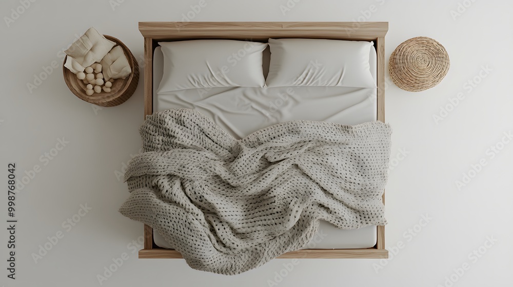 Leinwandbilder A birds-eye view of a clean bedroom with a minimalistic design, showing a simple wooden bed frame and a soft gray blanket, emphasizing calm and simplicity.