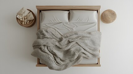 A birds-eye view of a clean bedroom with a minimalistic design, showing a simple wooden bed frame and a soft gray blanket, emphasizing calm and simplicity.