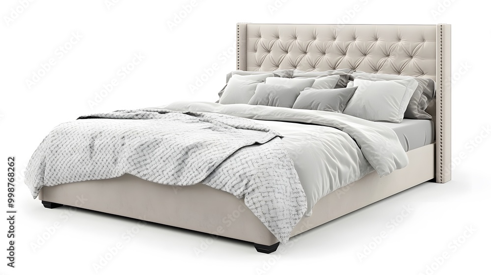Poster a portrait photo of a neatly made bed with a soft, light gray blanket and a simple headboard, creati