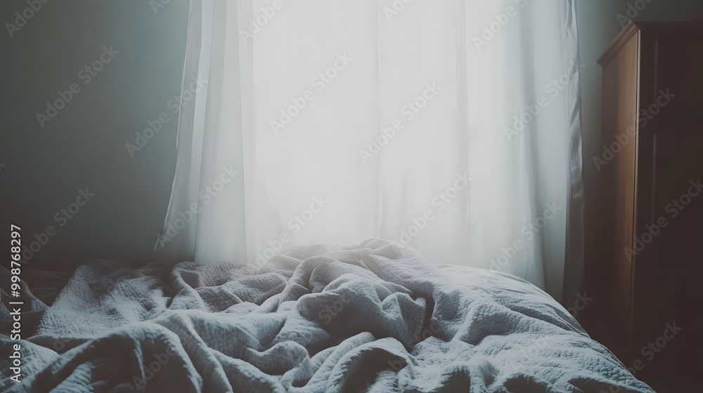 Poster a portrait photo of a neatly made bed with a soft, light gray blanket and a simple headboard, creati