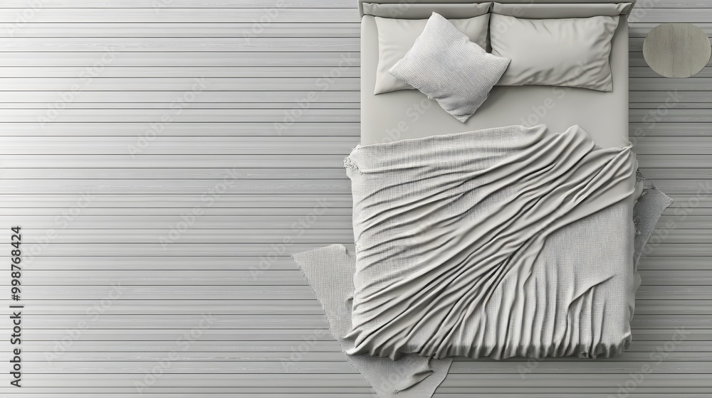 Poster A birds-eye view of a minimalist bed in a clean bedroom, with a soft, light blanket and a single cushion, creating a calm and uncluttered space.