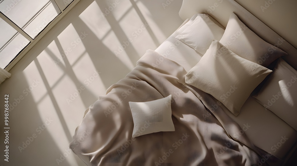 Poster A birds-eye view of a minimalist bed in a clean bedroom, with a soft, light blanket and a single cushion, creating a calm and uncluttered space.