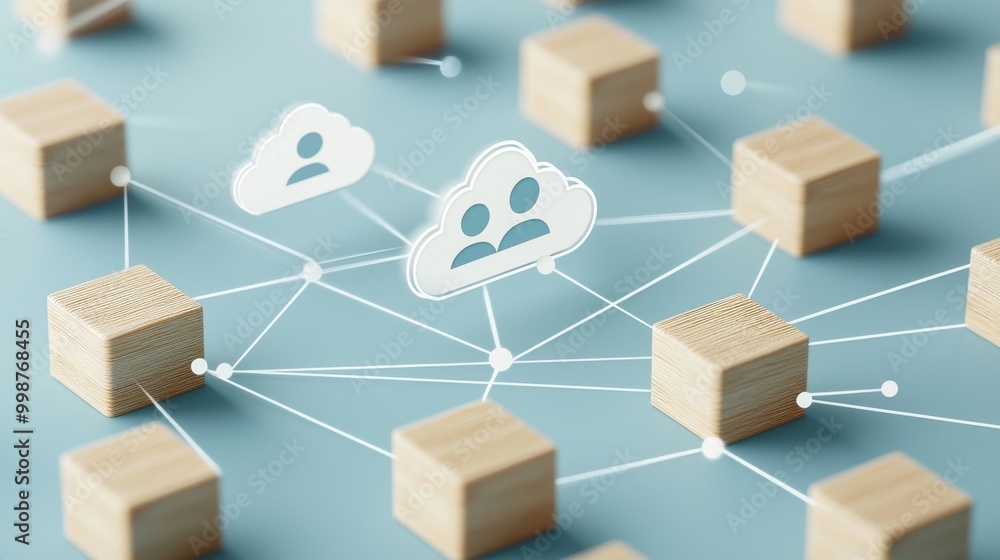Poster an illustration of data storage technology with cloud symbol on a wooden block. a blue string repres