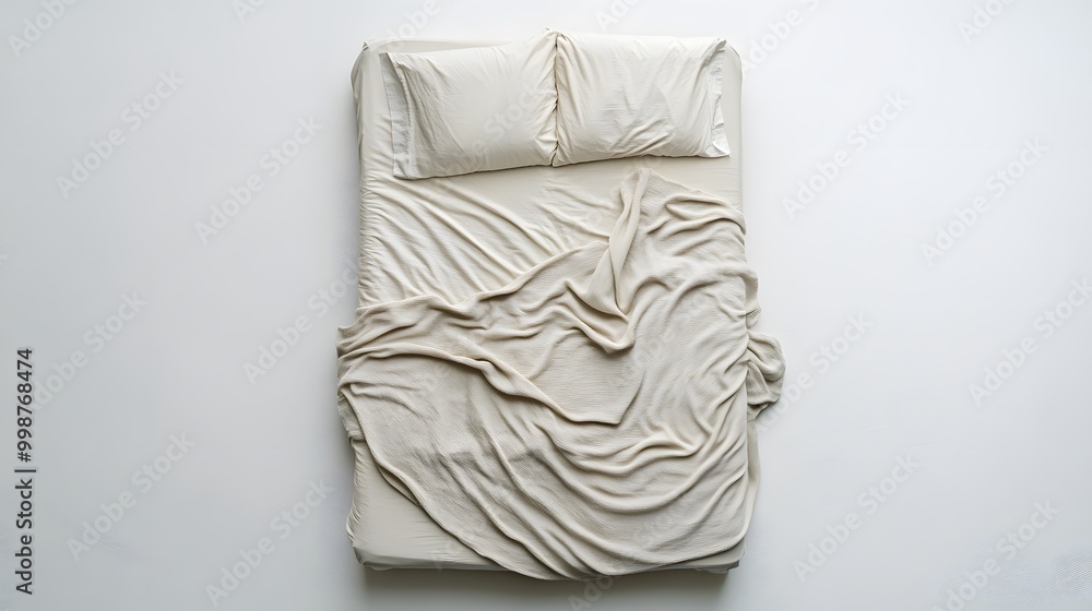 Poster A birds-eye view of a minimalist bed in a clean bedroom, with a soft, light blanket and a single cushion, creating a calm and uncluttered space.
