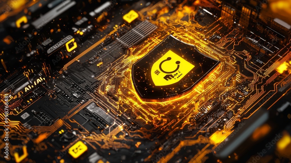 Poster a shield symbol adorns the microchip of a security technology concept on the motherboard of a futuri
