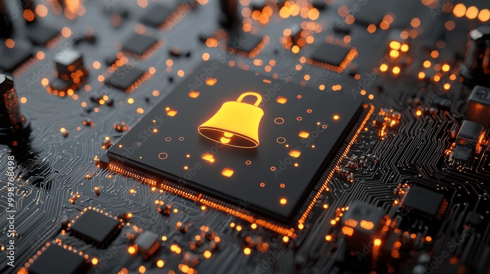 Poster 3d render of alert technology concept with a bell symbol on a microchip. data passes from the cpu to