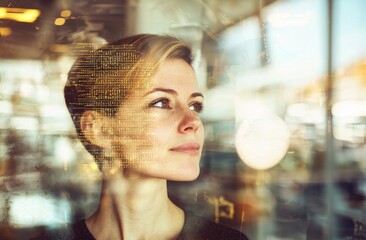 Businesswoman leaning against glass desk with binary codes
