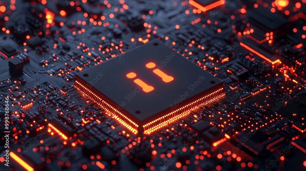 Poster the info symbol on the microchip is illuminated by orange neon that flows between users and the cpu 