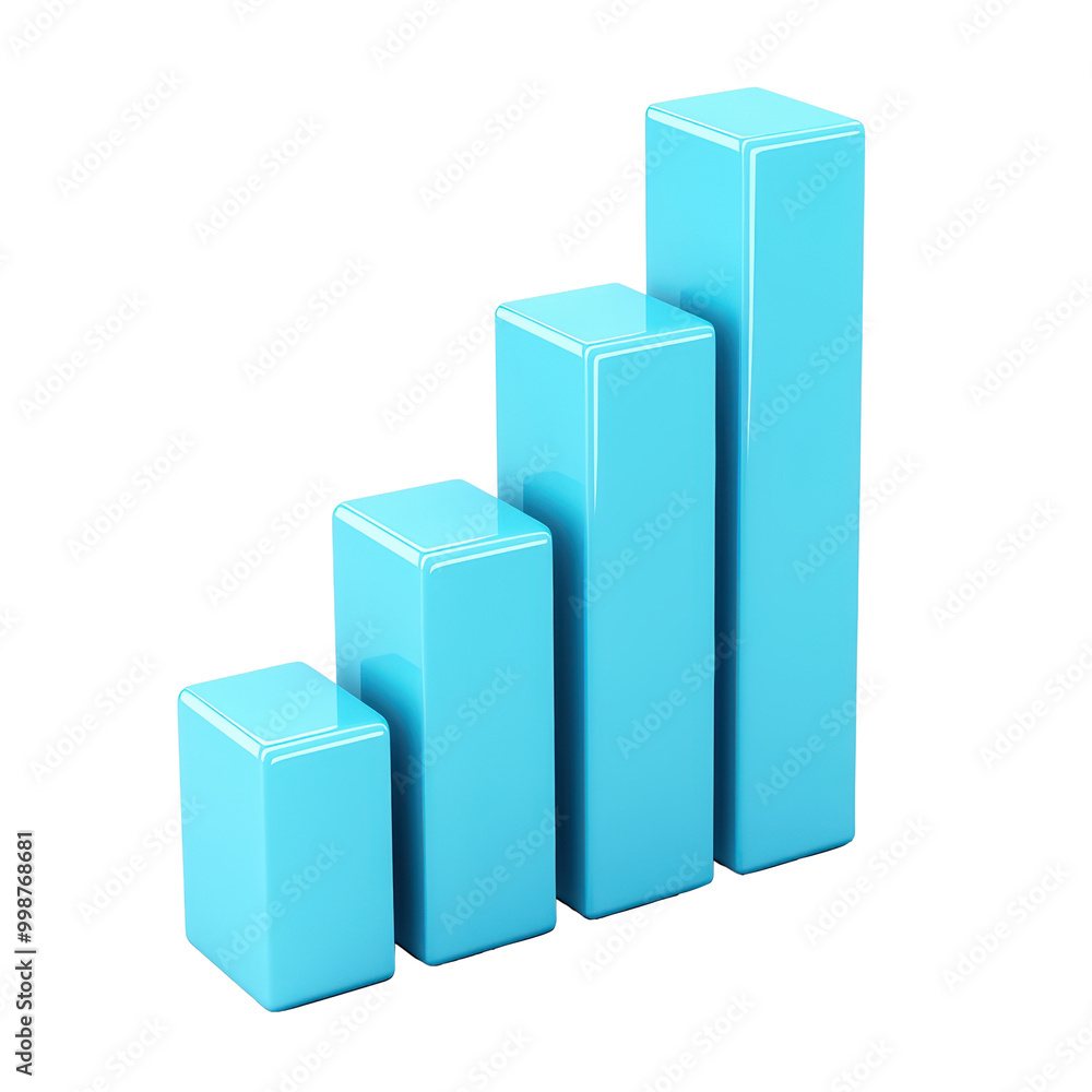 Poster 3d blue bar graph representing data growth and progress isolated on transparent background.