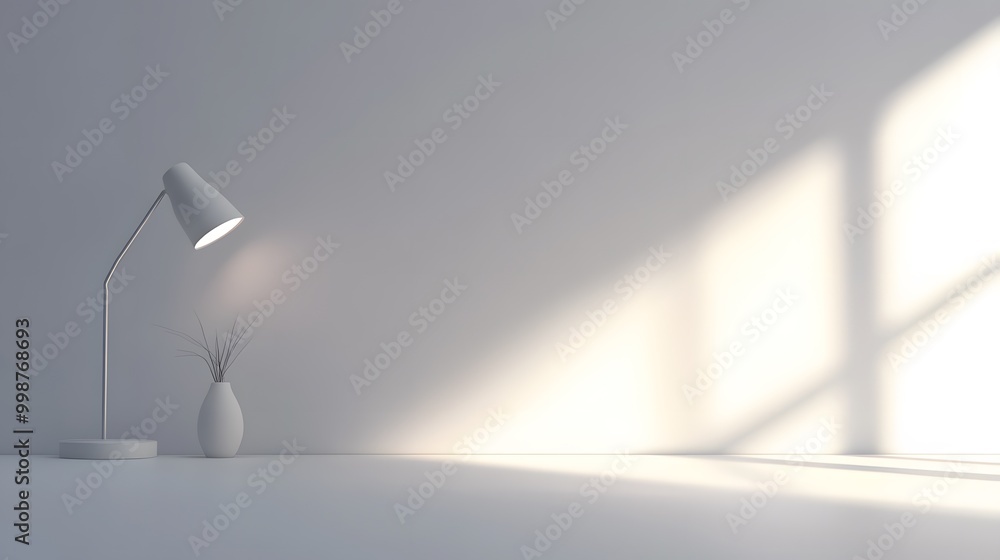 Poster A portrait photo of a minimal nightstand with a white lamp and a small vase, creating a clean and uncluttered bedroom space.