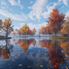 Naklejka premium A peaceful lakeside view with trees displaying their autumn colors mirrored in the calm waters, creating a symphony of natural beauty.