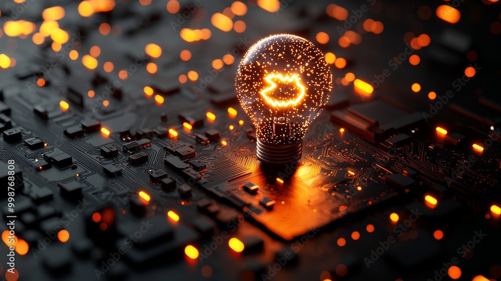 Poster microchip with lightbulb symbol. data flow from cpu across a futuristic motherboard.