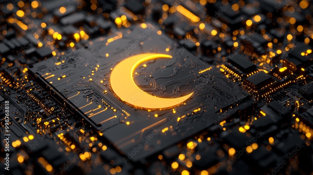 Poster 3d rendering of a night-mode technology concept with a moon symbol on the microchip. data is passed 