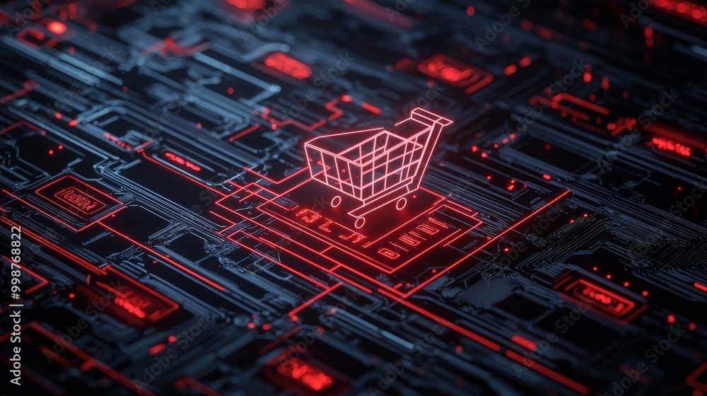 Poster a 3d rendering of an ecommerce technology concept with a shopping symbol on a microchip. white neon 