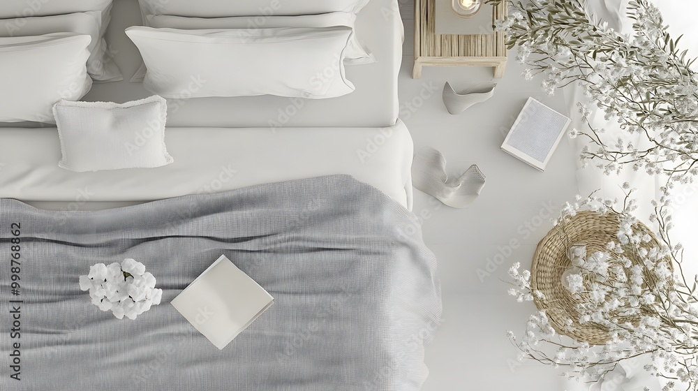 Poster a birds-eye view of a minimalist bedroom featuring a neatly made bed with a gray blanket and soft na